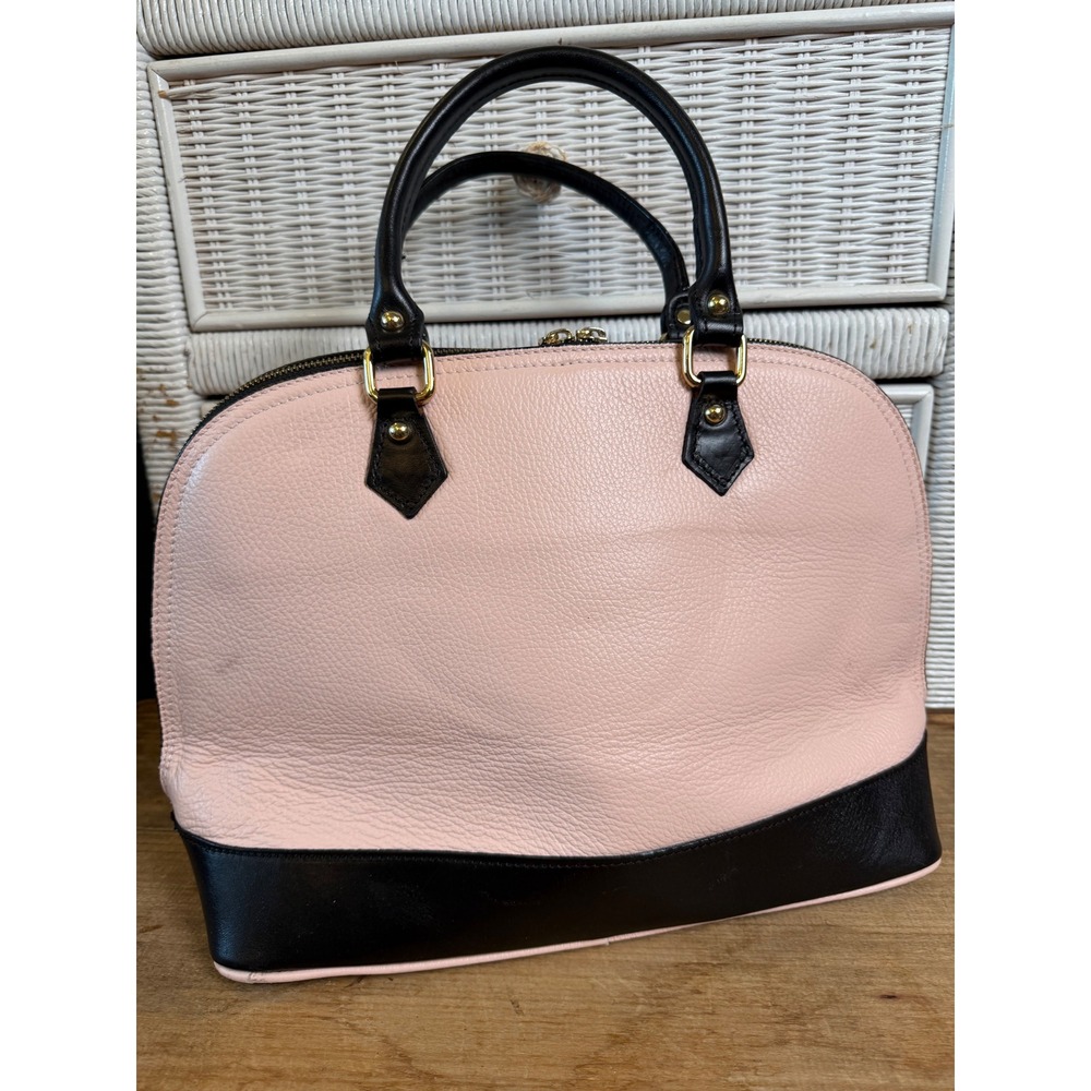 Vera Pelle Italy Pink Black Pebbled Leather Dome Satchel Handbag Gold Hardware - Picture 2 of 10
